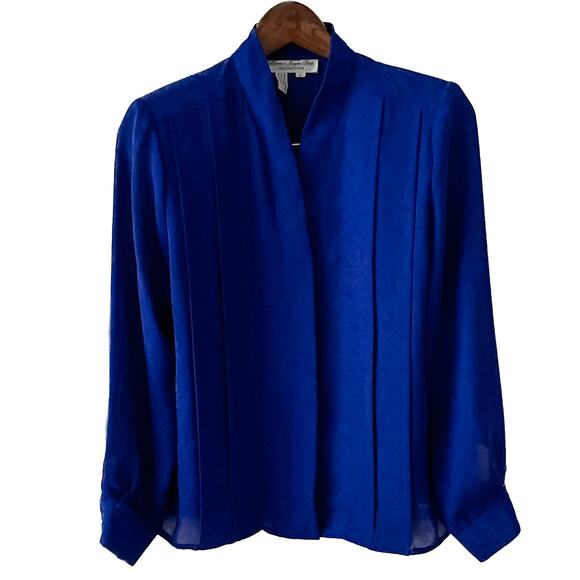 Vintage 90s Royal Blue Pleated Rose Floral Imprint Secretary Blouse size 8P MP - Picture 1 of 6